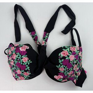 Betsey Johnson Black Floral Bikini Top Wrap Detail Underwire Adjustable Sz M GUC